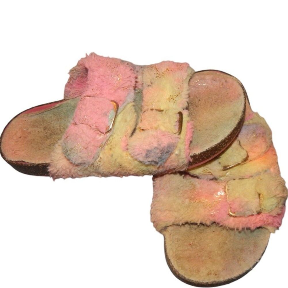 colorful pastel faux-fur slip-on sandals girls size 2/3